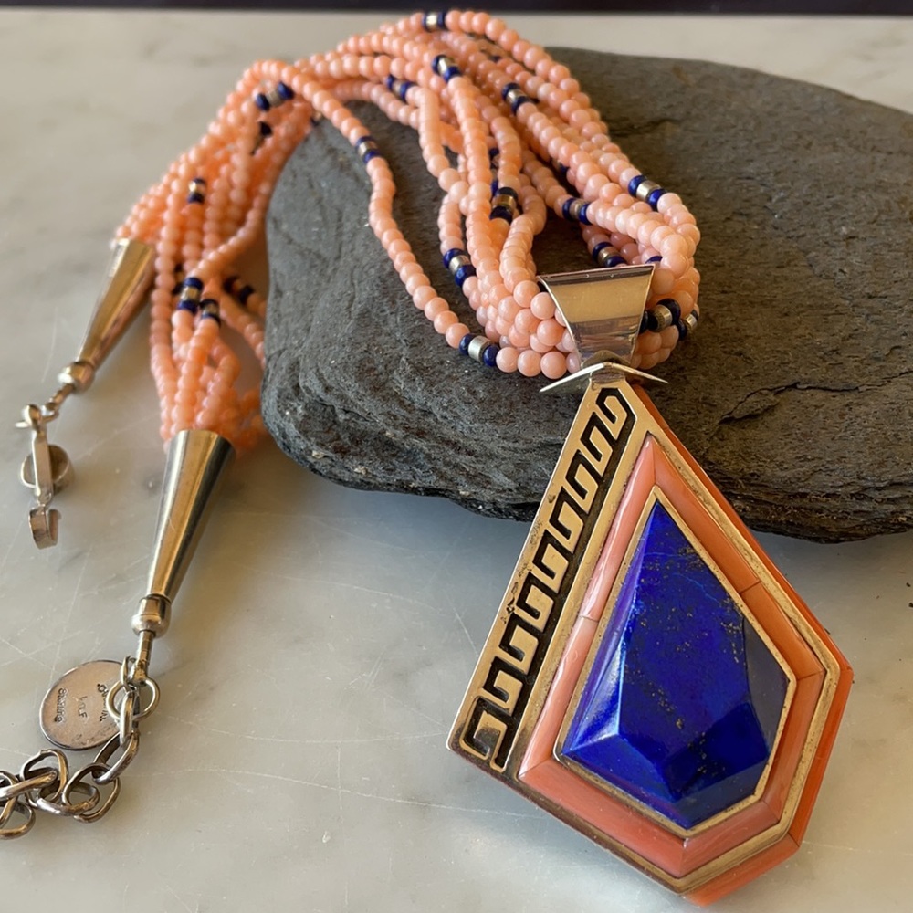 Vintage Christin Wolf Lapis Pendant with Angel Coral Beads